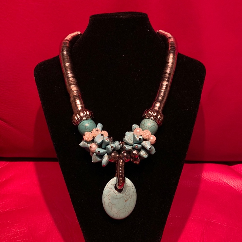 Designer Silver Color Turquoise Fresh Pearls Necklace NeverUsed